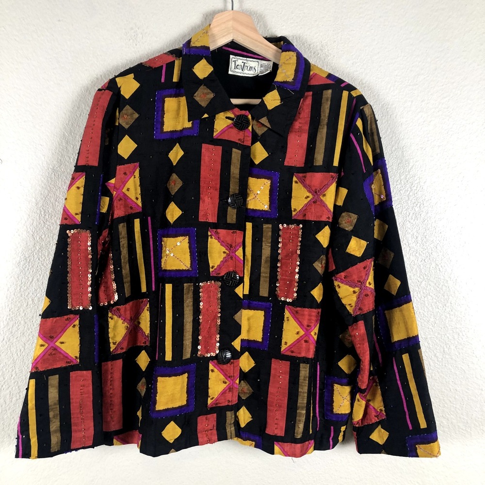 Vintage Tan Trums Silk Blazer Jacket Womens 8 Black Multicolor Cropped Retro
